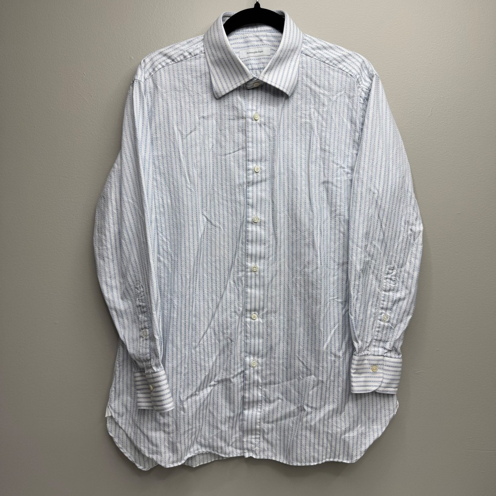 Ermenegildo Zegna Milano Slim Striped Cotton Dress Shirt White Blue Mens 23x31